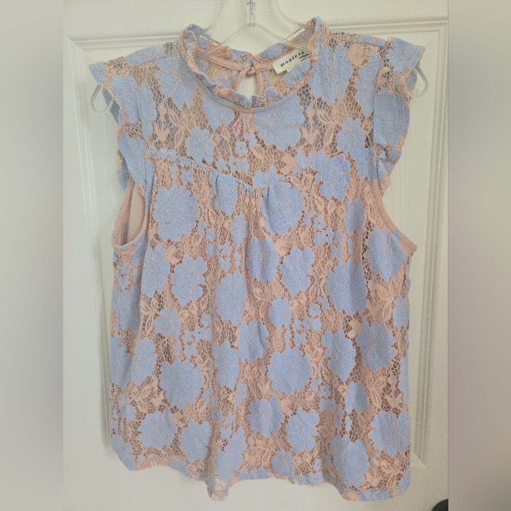 Monteau Blue and Tan Floral Lace Blouse Sz. XL, Spring, Summer, Workwear, Easter
